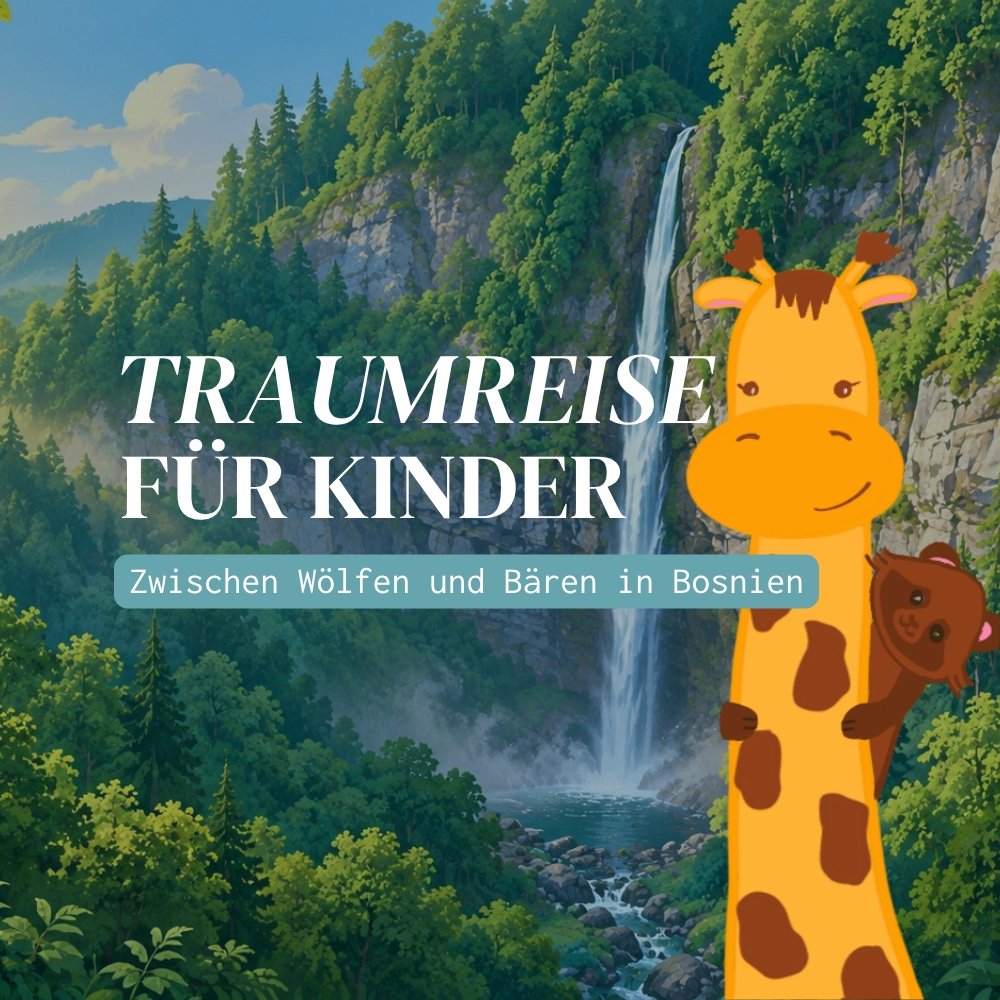 Traumreise für Kinder: Zwischen Wölfen und Bären in Bosnien. Mogli und Rio vor einem Wasserfall im Wald.